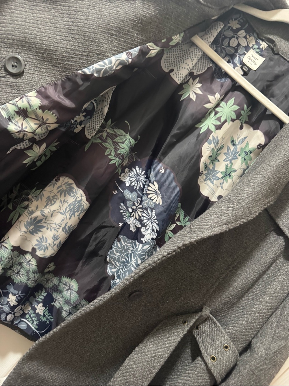 Old Navy Gray Double-Breasted Pea Coat with Floral Lining - Picture 2 of 6